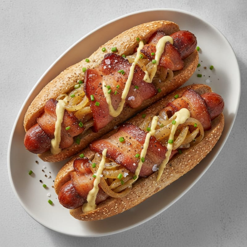 Bacon-Wrapped Hot Dogs with Caramelized Onions