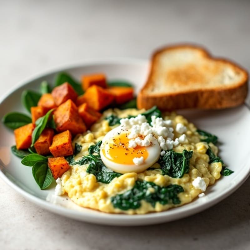 Egg White Spinach Scramble with Roasted Sweet Potato