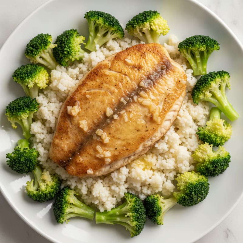 Seared Tilapia with Steamed Broccoli and Cauliflower Rice