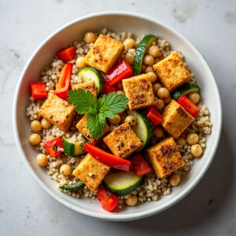 Crispy Lemon-Herb Tofu and Roasted Vegetable Quinoa Bowl