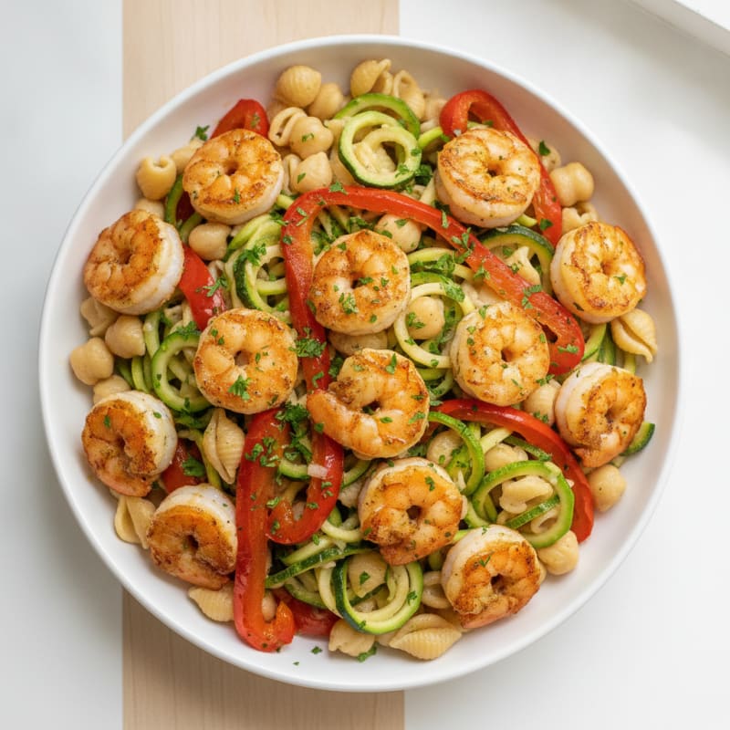 Seared Shrimp Pasta with Roasted Peppers and Zucchini Noodles