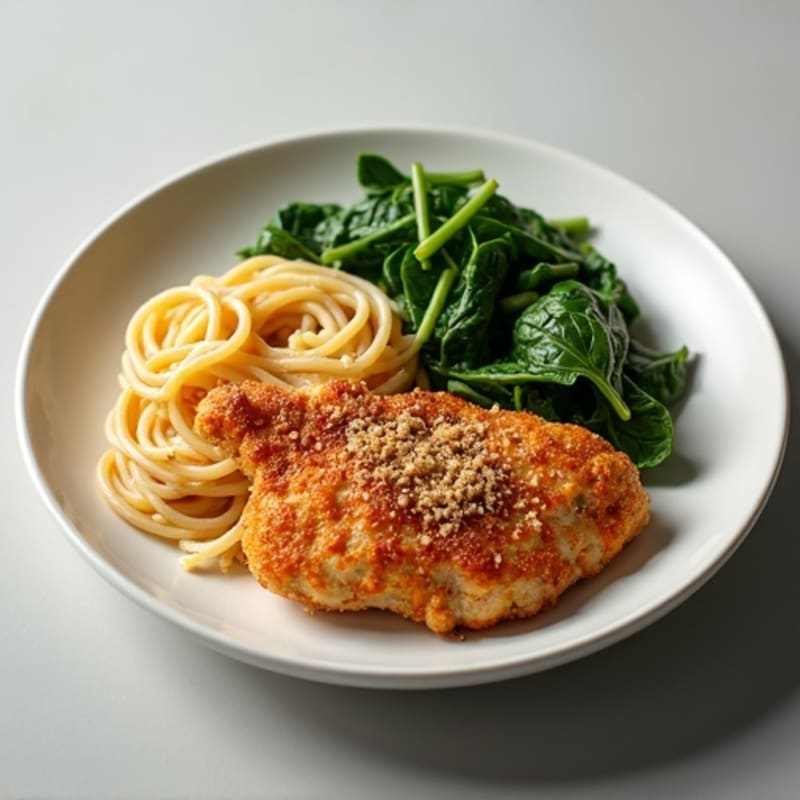 Crispy Chicken with Wholewheat Spaghetti and Garlicky Spinach