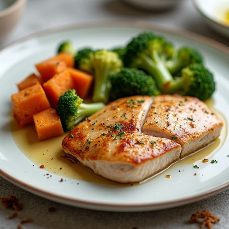 Seared Turkey Breast with Roasted Broccoli and Sweet Potato