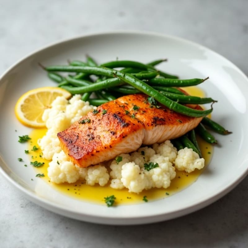 Seared Salmon with Garlic Green Beans and Cauliflower Mash