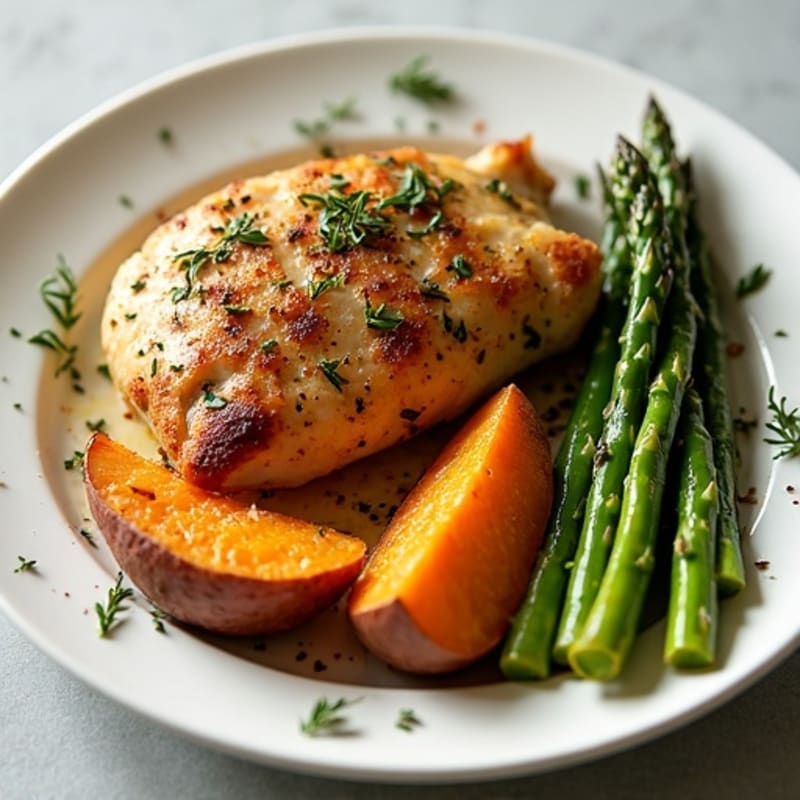 Crispy Garlic Herb Roasted Chicken with Roasted Asparagus and Sweet Potatoes