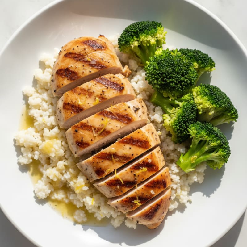 Grilled Chicken Breast with Steamed Broccoli and Cauliflower Rice