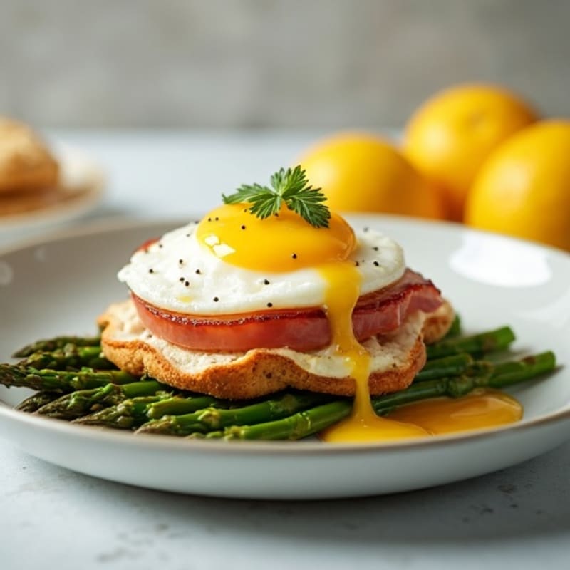 Lean Ham and Poached Egg Stack with Roasted Asparagus and Creamy Lemon Sauce