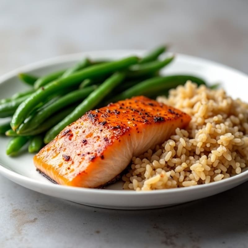 Seared Salmon with Steamed Green Beans and Brown Rice