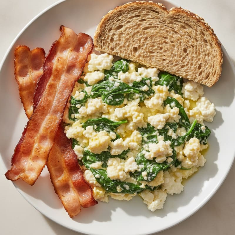 Cottage Cheese Egg Scramble with Spinach and Turkey Bacon