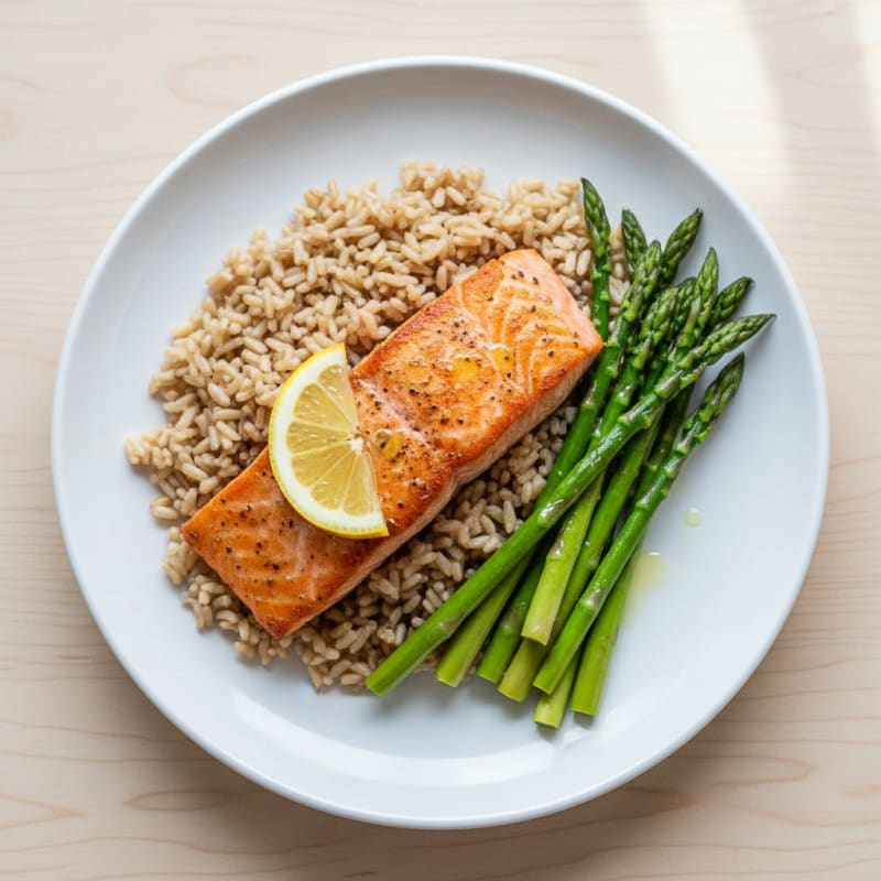 Seared Salmon with Steamed Asparagus and Brown Rice