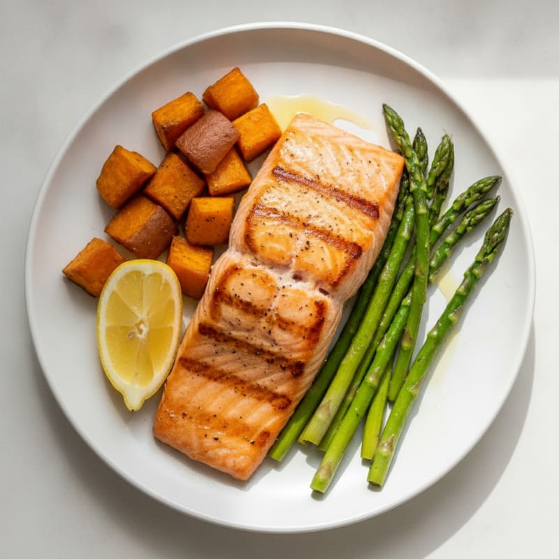 Seared Salmon with Roasted Sweet Potato and Asparagus