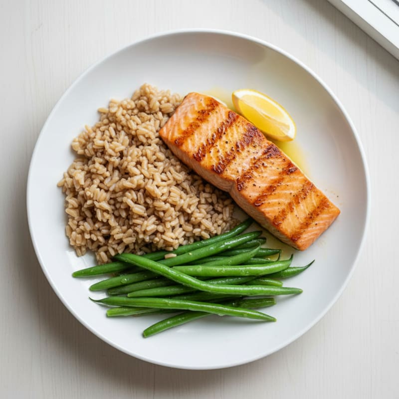 Seared Salmon Fillet with Steamed Green Beans and Brown Rice