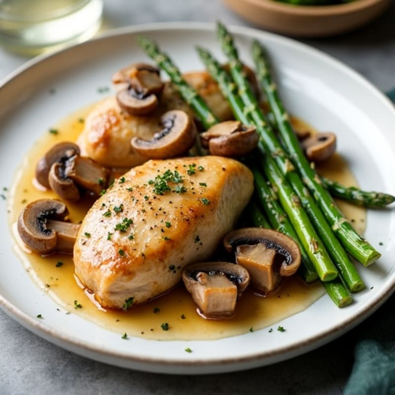 Garlic Butter Roasted Mushrooms and Chicken with Tender Asparagus