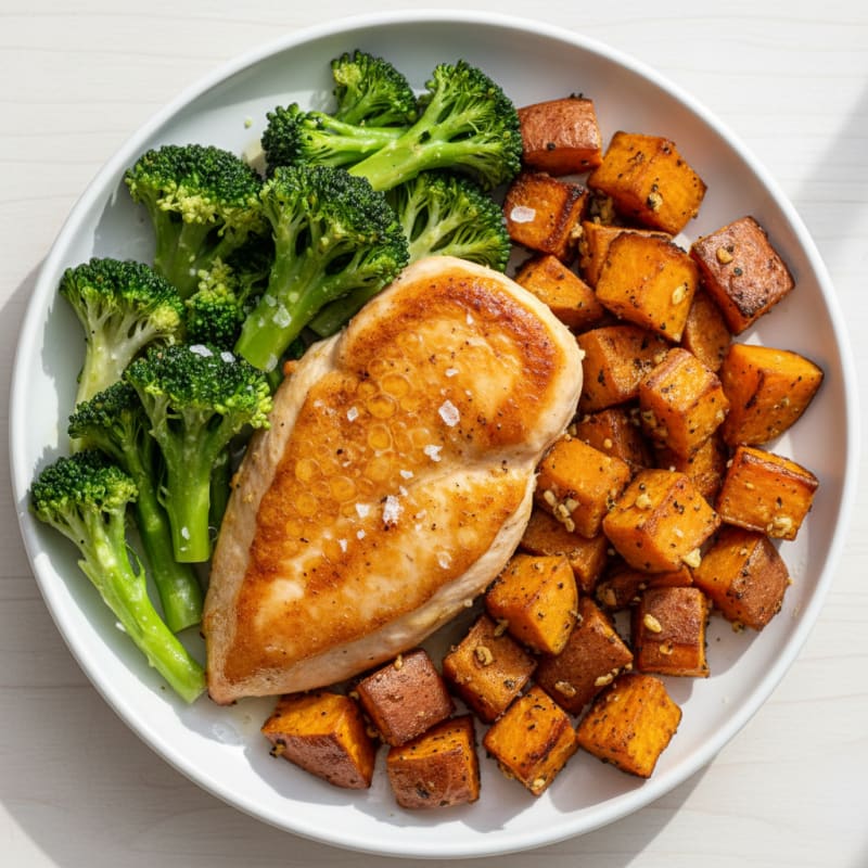 Crispy Chicken Breast with Steamed Broccoli and Garlic Roasted Sweet Potatoes