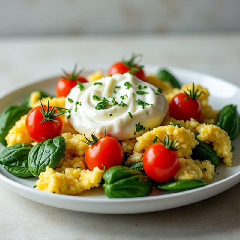 Egg White and Spinach Scramble with Cottage Cheese and Cherry Tomatoes