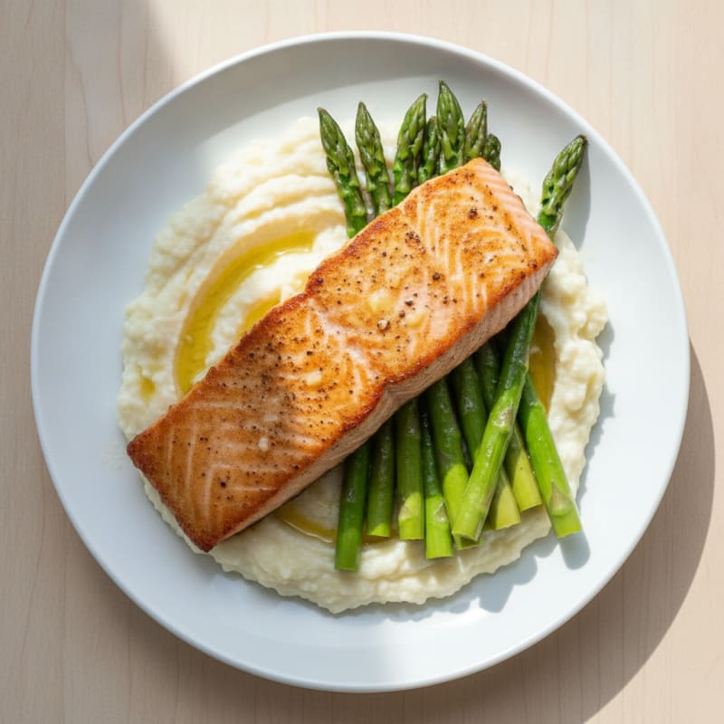 Seared Salmon with Steamed Asparagus and Cauliflower Mash