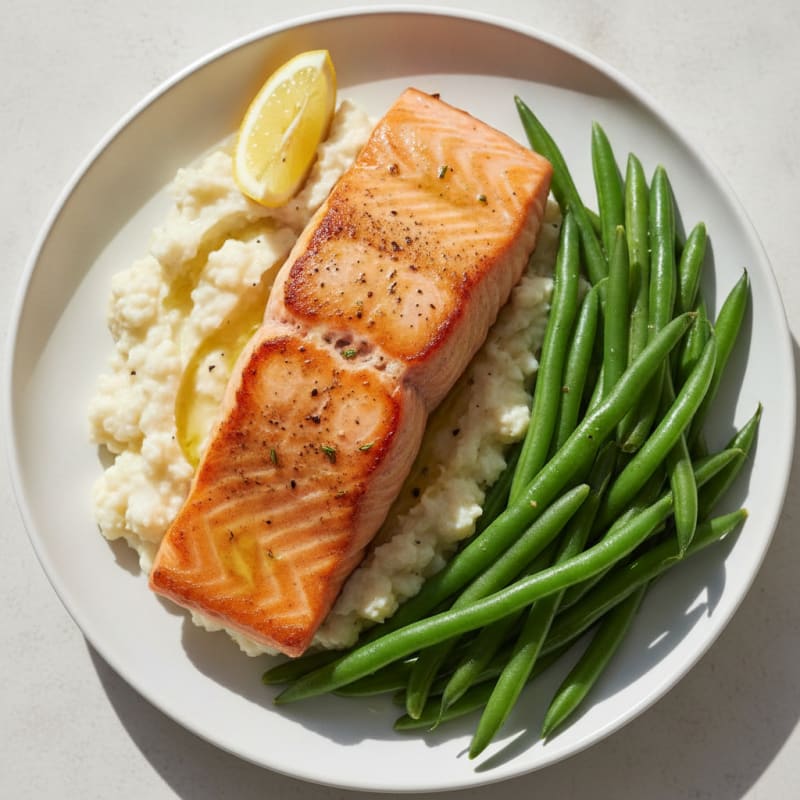 Seared Salmon Fillet with Steamed Green Beans and Garlic Mashed Cauliflower