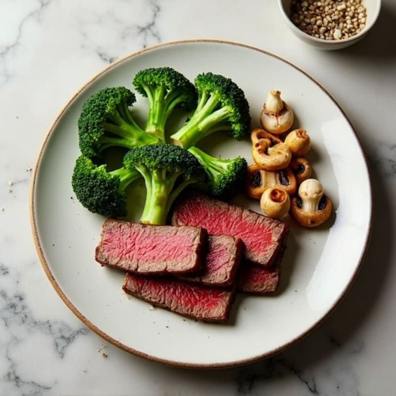 Seared Lean Beef Strips with Roasted Broccoli and Garlic Mushrooms