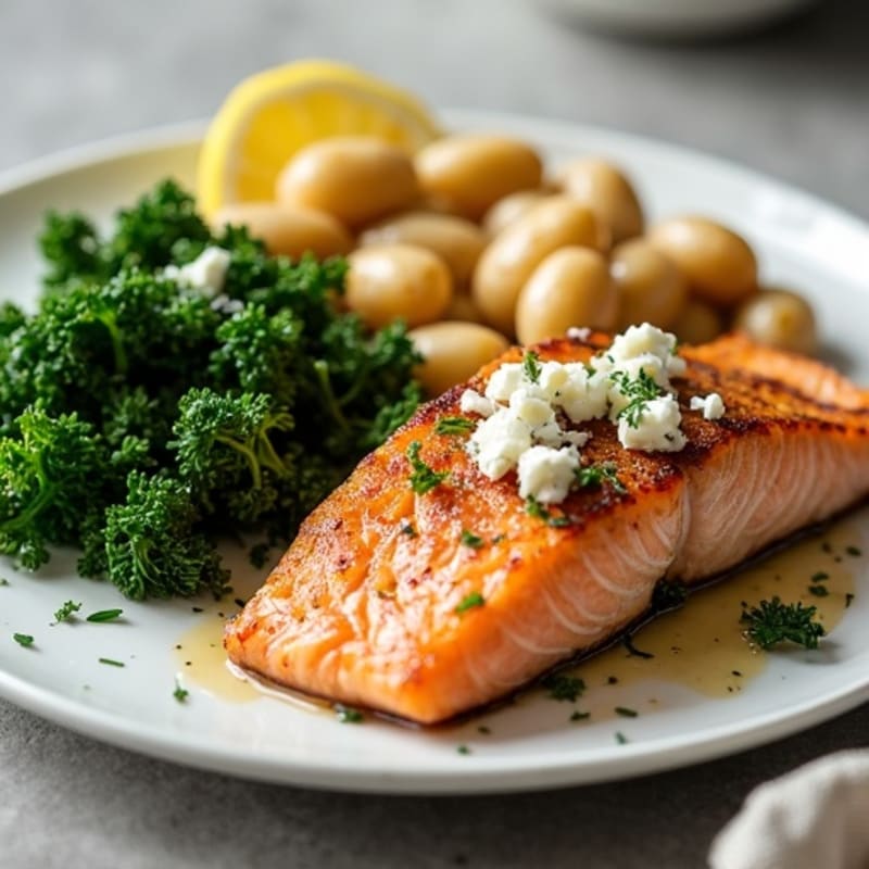 Crispy Baked Salmon with Lemon-Herb Roasted Potatoes, Sautéed Kale, and Creamy Cannellini Beans with Crumbled Feta