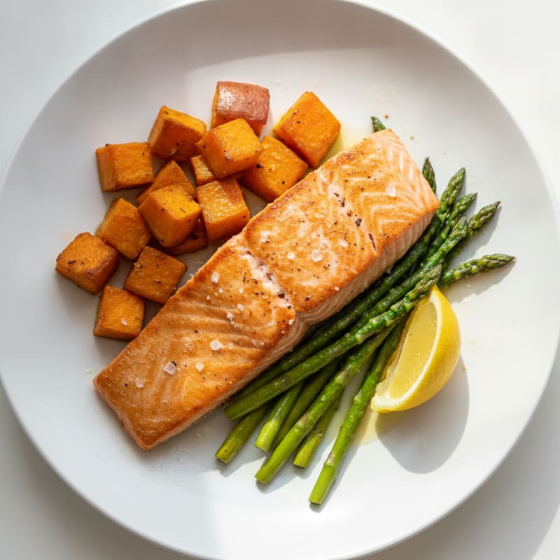 Seared Salmon Fillet with Roasted Sweet Potato and Asparagus
