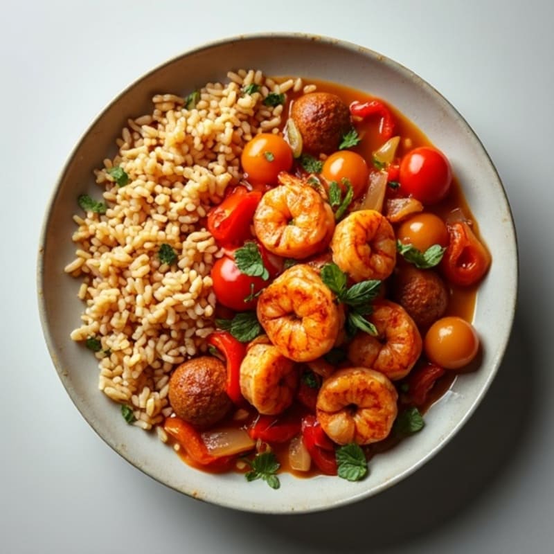Spicy Chicken, Shrimp, and Sausage Stew with Brown Rice and Vegetables