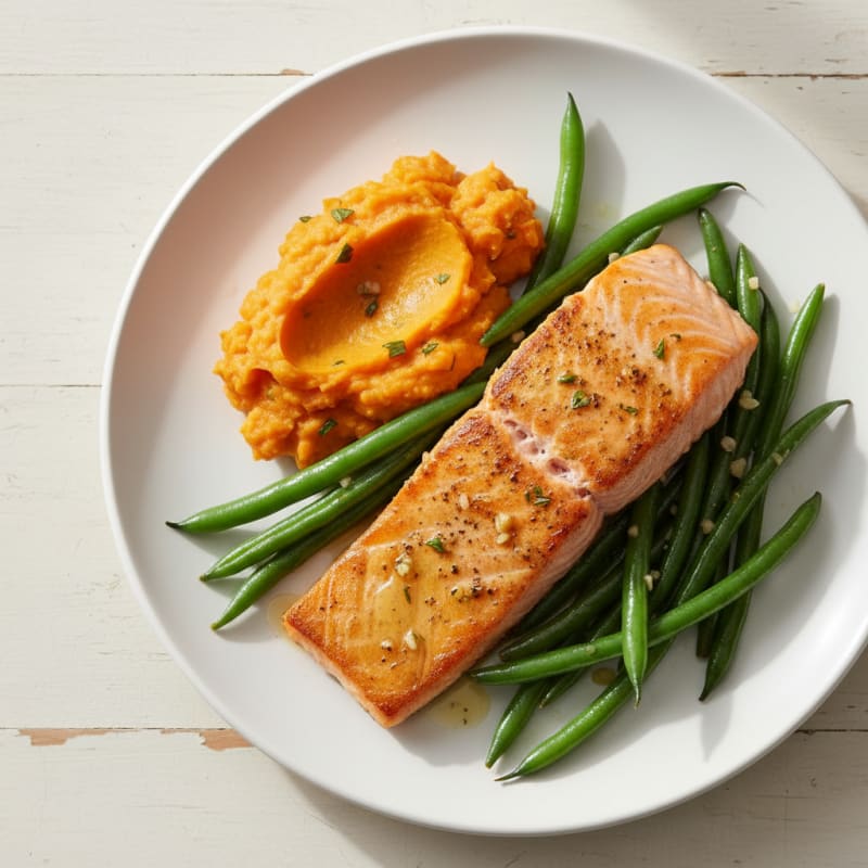 Seared Salmon with Garlic Green Beans and Sweet Potato Mash