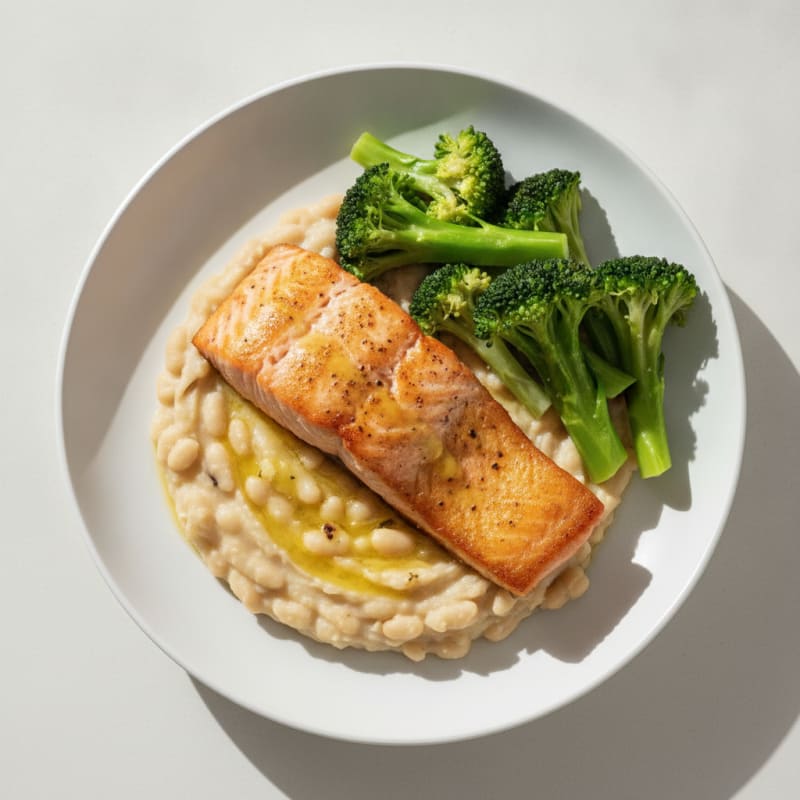 Seared Salmon with Creamy White Bean Mash and Steamed Broccoli