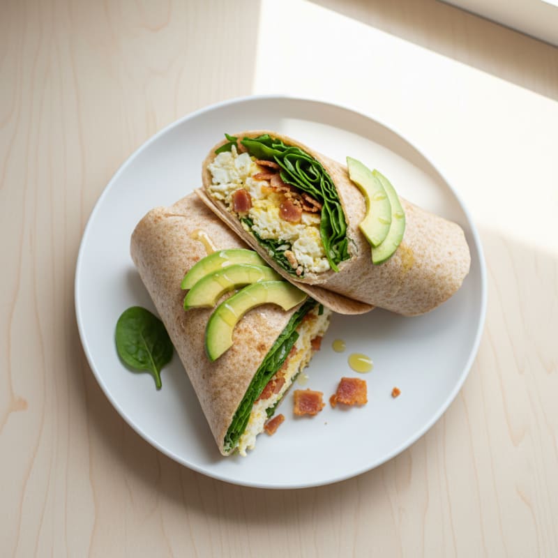 Crispy Turkey Bacon and Egg White Wrap with Spinach and Avocado