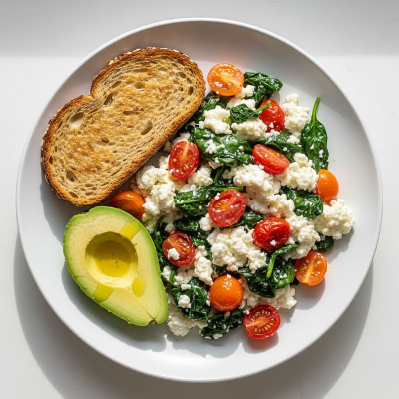 Cottage Cheese Egg White Scramble with Spinach and Cherry Tomatoes