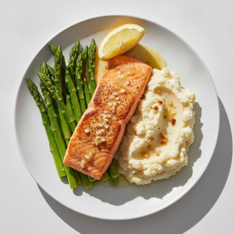 Seared Salmon Fillet with Steamed Asparagus and Garlic Mashed Cauliflower