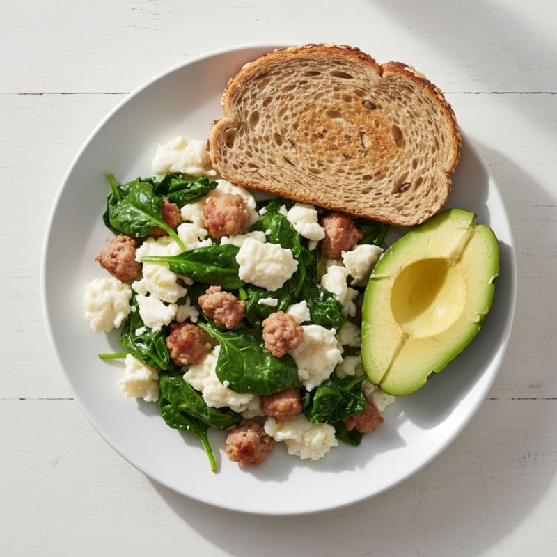 Egg White Scramble with Turkey Sausage and Sautéed Spinach