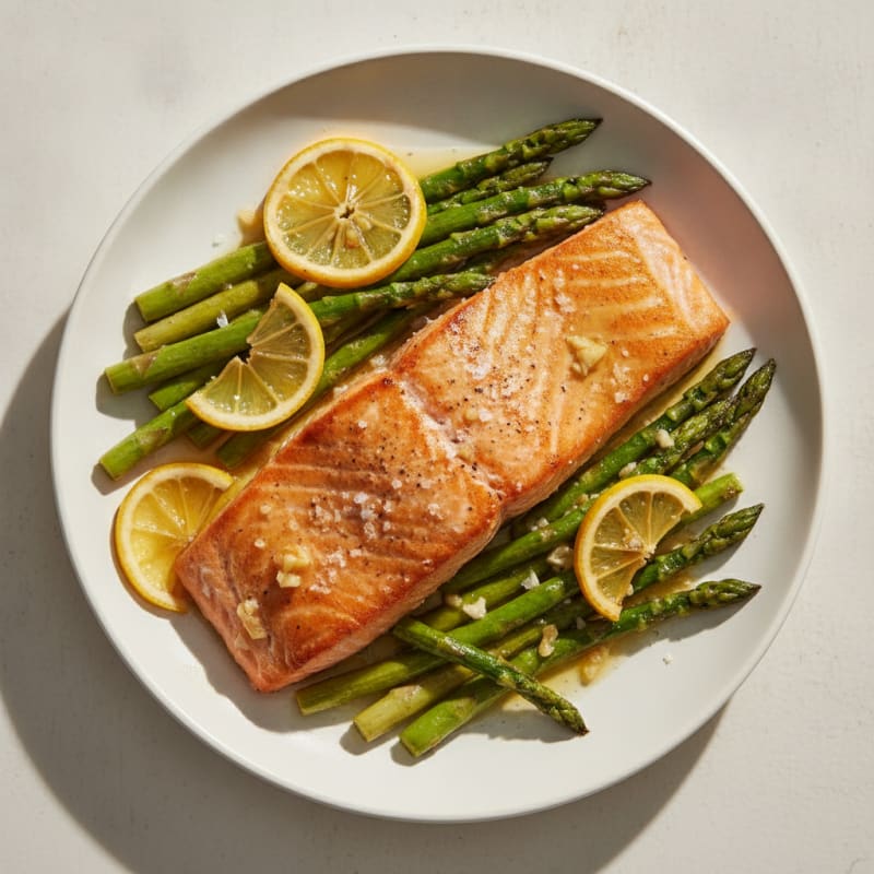 Seared Salmon Fillet with Roasted Asparagus and Lemon