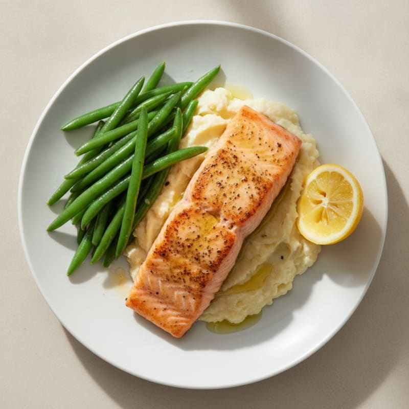 Seared Salmon with Steamed Green Beans and Cauliflower Mash