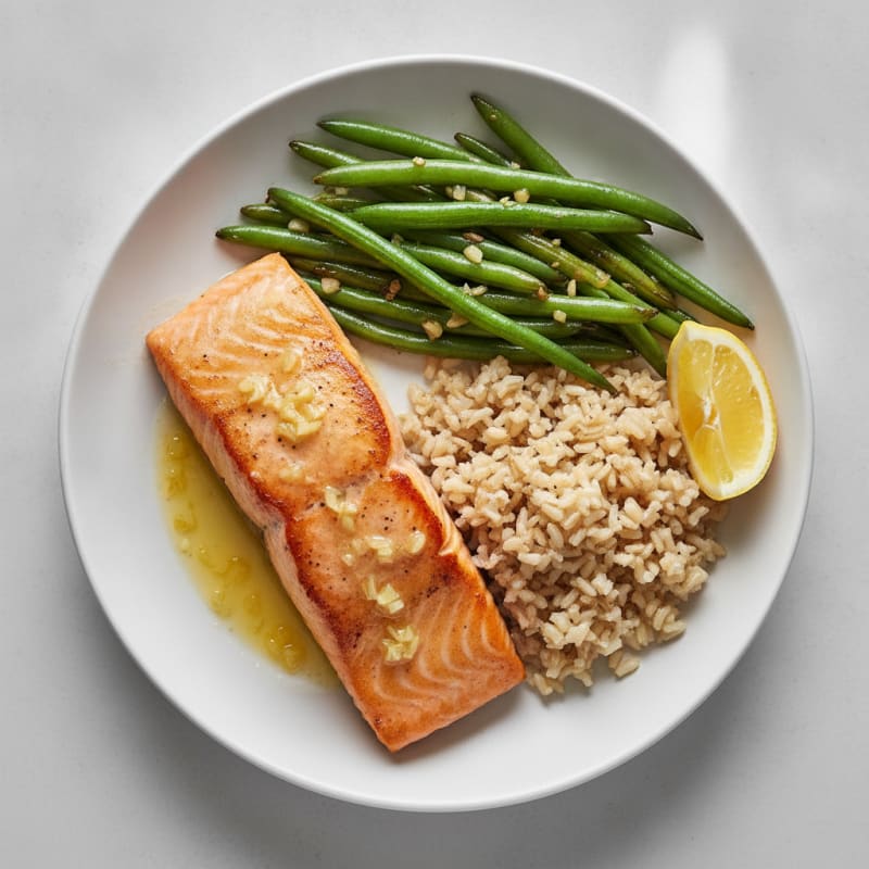Seared Salmon with Lemon-Garlic Green Beans and Brown Rice