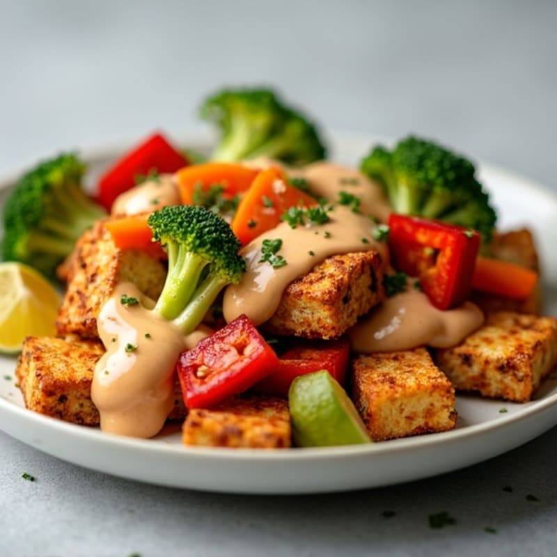 Crispy Baked Tofu with Roasted Vegetables and Creamy Peanut Sauce