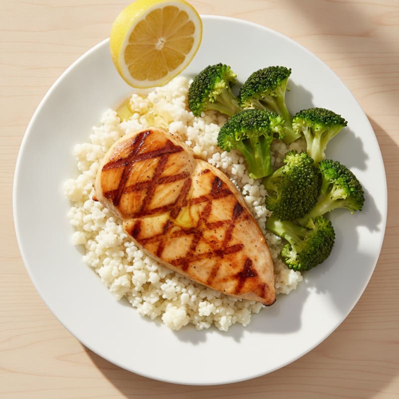 Grilled Chicken Breast with Steamed Broccoli and Cauliflower Rice