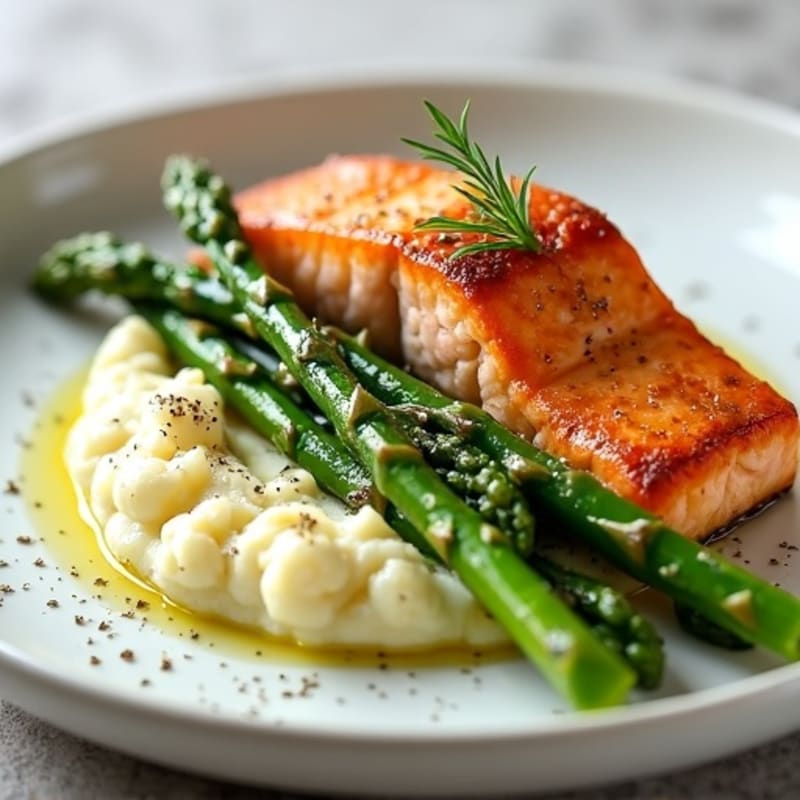 Seared Salmon with Steamed Asparagus and Garlic Cauliflower Mash