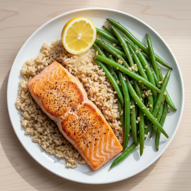 Seared Salmon with Garlic Green Beans and Brown Rice