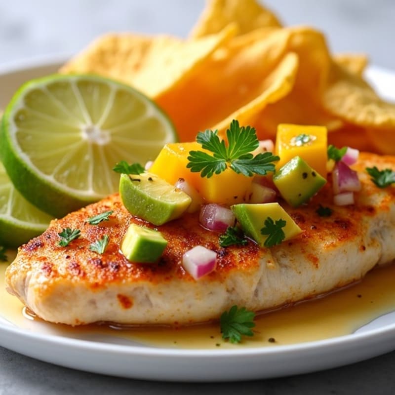 Pan-Seared Citrus Chicken with Fresh Mango-Avocado Salsa and Crispy Plantain Chips