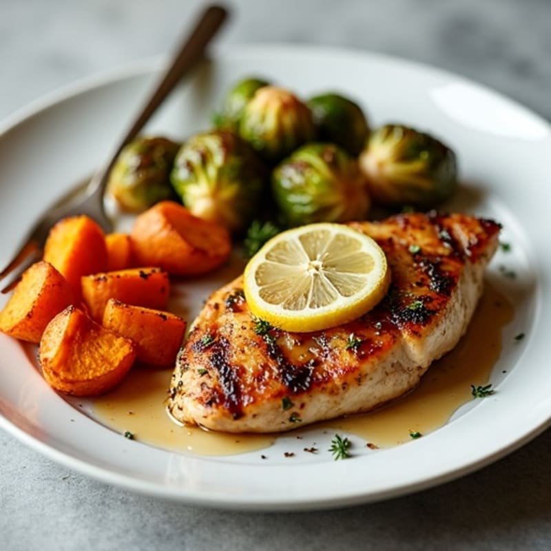 Lemon Herb Roasted Chicken with Balsamic Glazed Brussels Sprouts and Roasted Sweet Potatoes