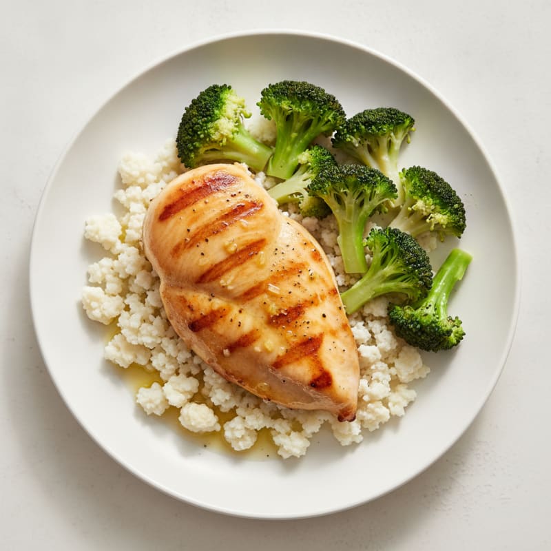 Grilled Chicken Breast with Steamed Broccoli and Cauliflower Rice