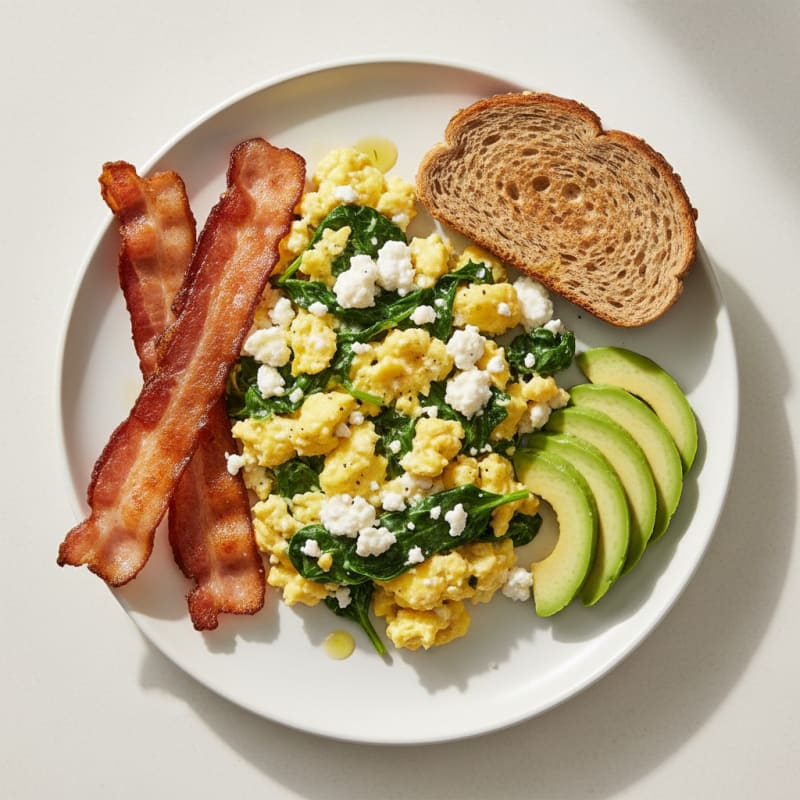 Cottage Cheese Egg Scramble with Spinach and Turkey Bacon