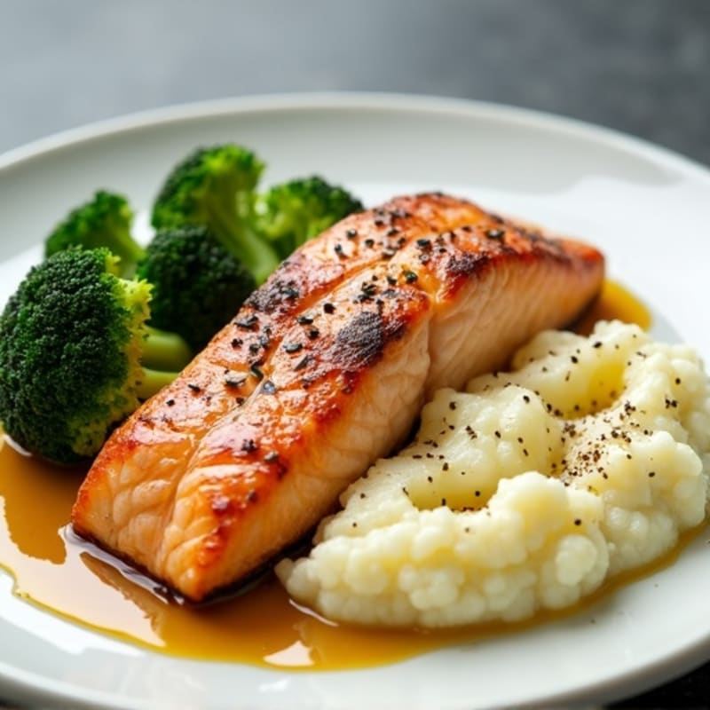 Seared Salmon Fillet with Steamed Broccoli and Garlic Mashed Cauliflower