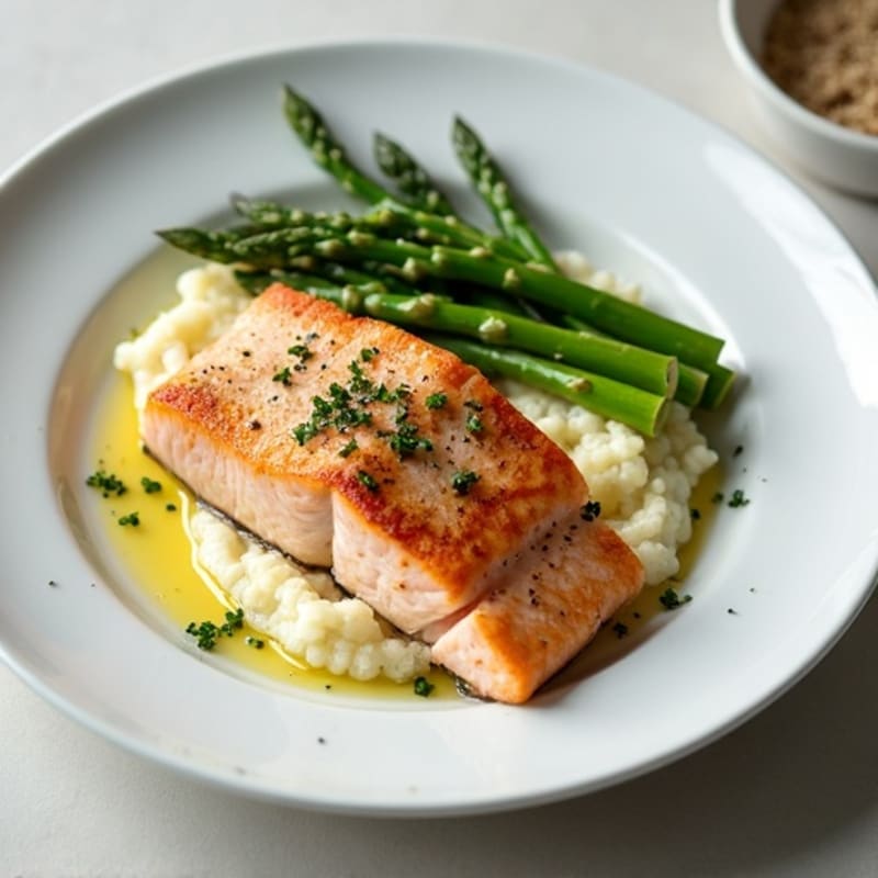Seared Salmon with Steamed Asparagus and Cauliflower Mash
