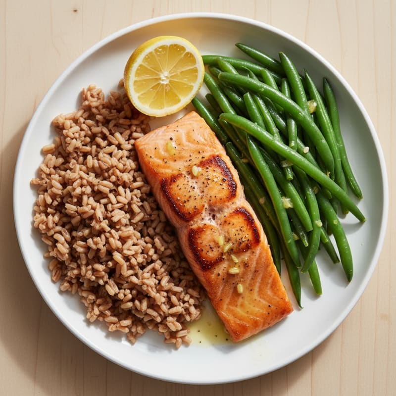 Seared Salmon Fillet with Steamed Green Beans and Brown Rice