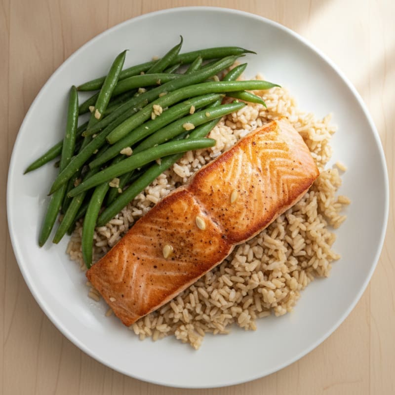 Seared Salmon Fillet with Garlic Green Beans and Brown Rice