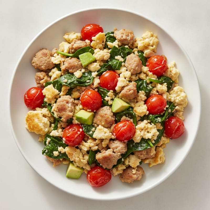 Egg White and Turkey Sausage Scramble with Spinach and Cherry Tomatoes