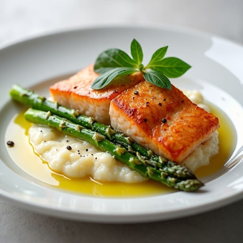 Seared Salmon with Steamed Asparagus and Cauliflower Mash