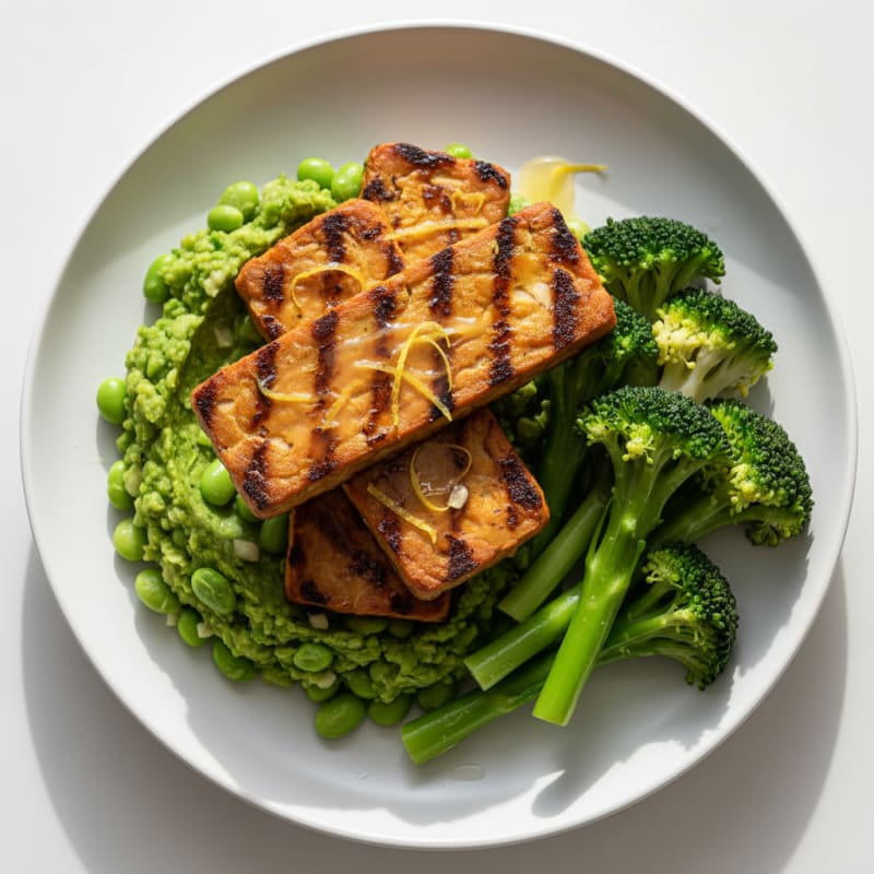 Grilled Tempeh with Steamed Broccoli and Edamame Mash