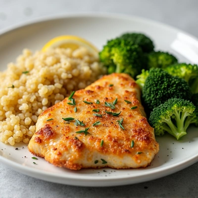 Crispy Lemon Garlic Chicken Breast with Quinoa and Steamed Broccoli